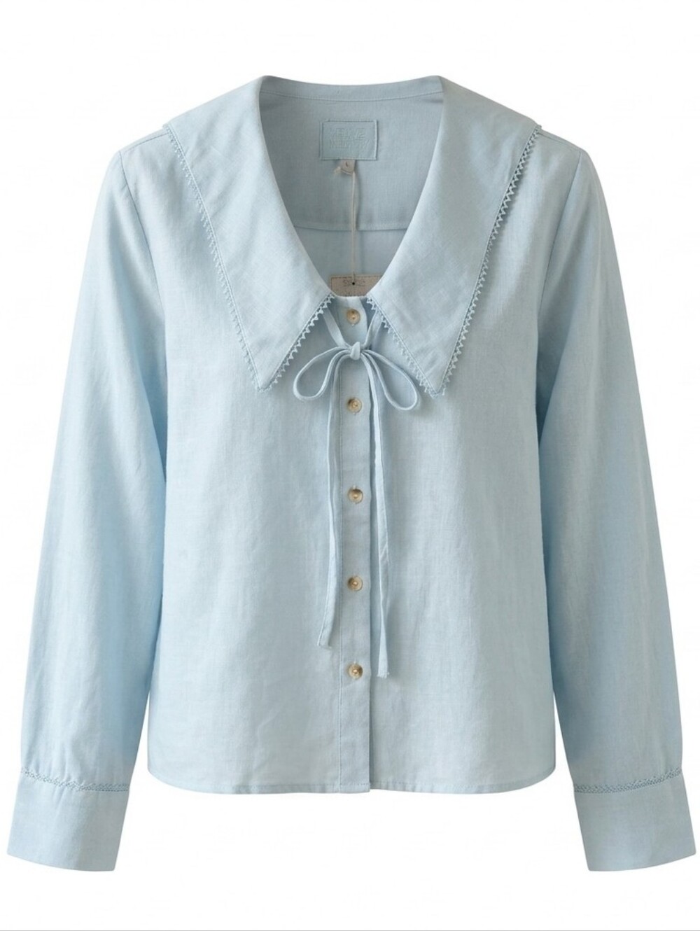 Velvet Heart 100% Linen Sailor Collar Blouse Blue Lace Trim Tie Front Shirt Sz.L